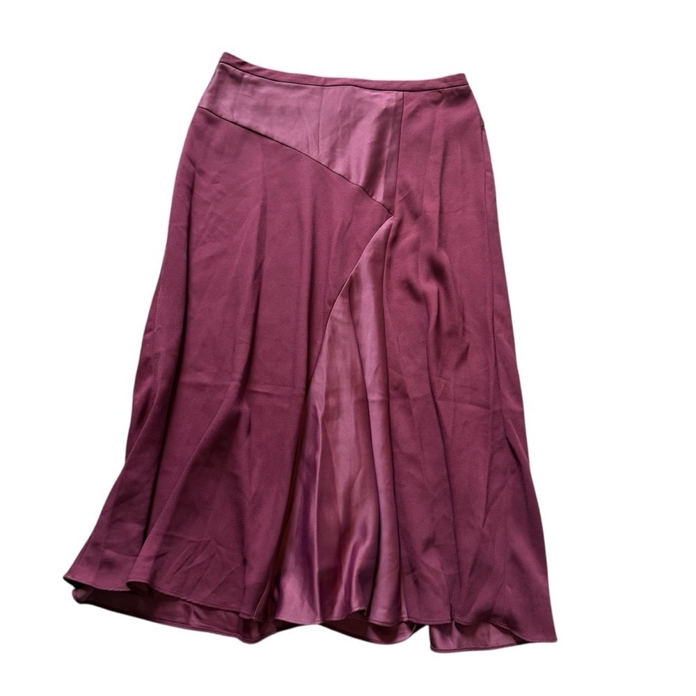 DKNY Cabernet Satin Midi Skirt NWT | Size 10 | Burgundy Asymmetrical Flowy Skirt - Picture 4 of 11